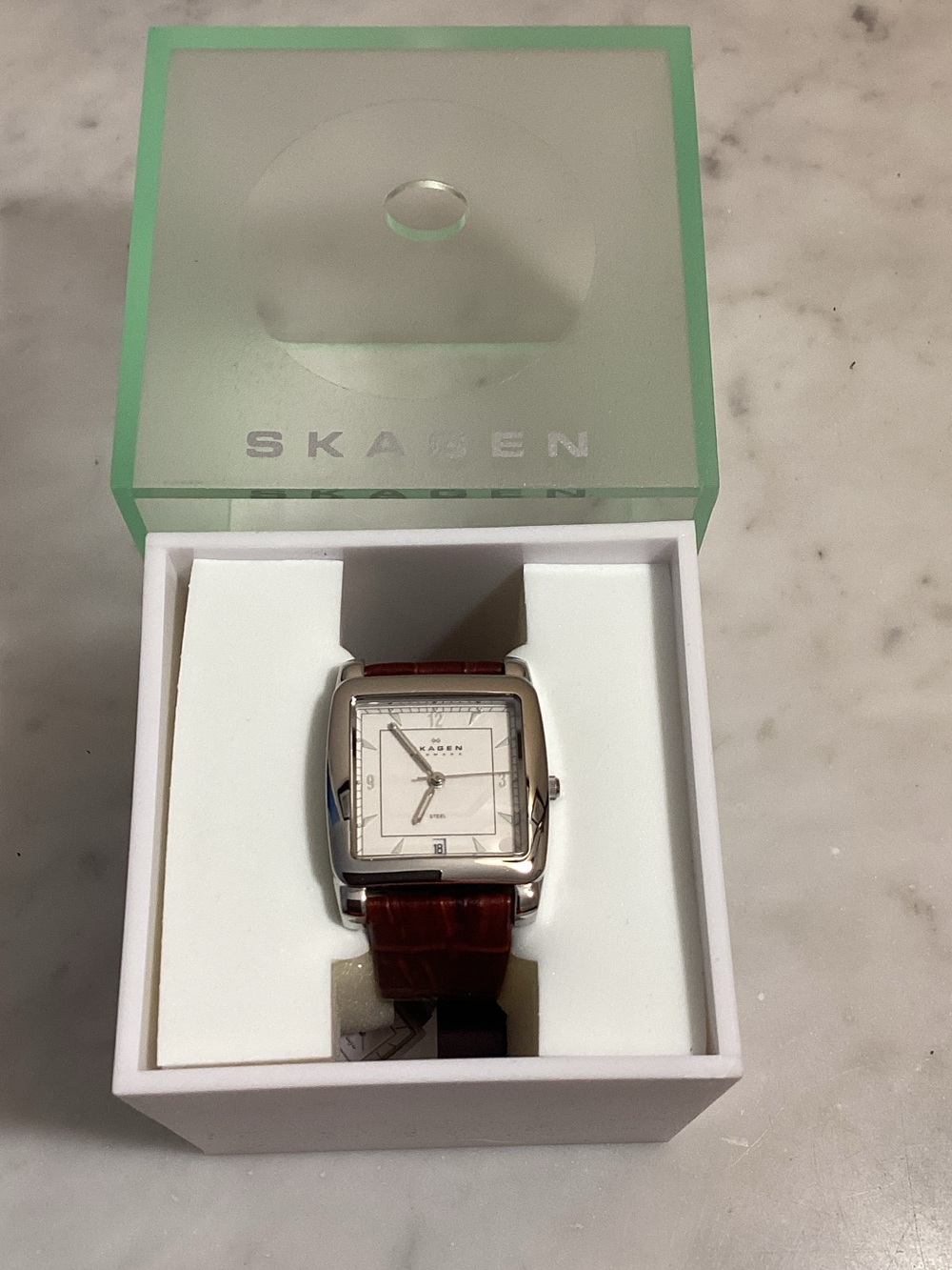 Skagen Silver Square Case Watch with Brown Leather Strap